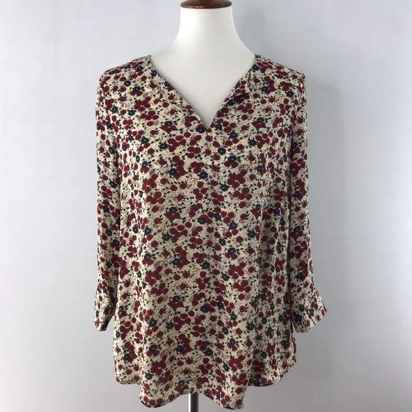 DR2 Cream Red Blue Floral Print Long Sleeve Notch Neck Blouse Size M - Picture 1 of 15